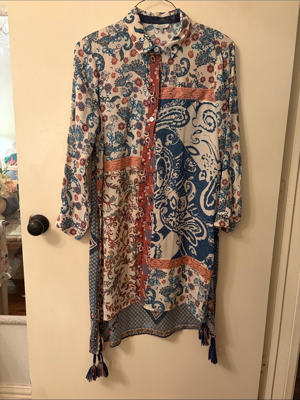 Bohemian Patchwork Paisley Tunic Shirt - Blue & Cream